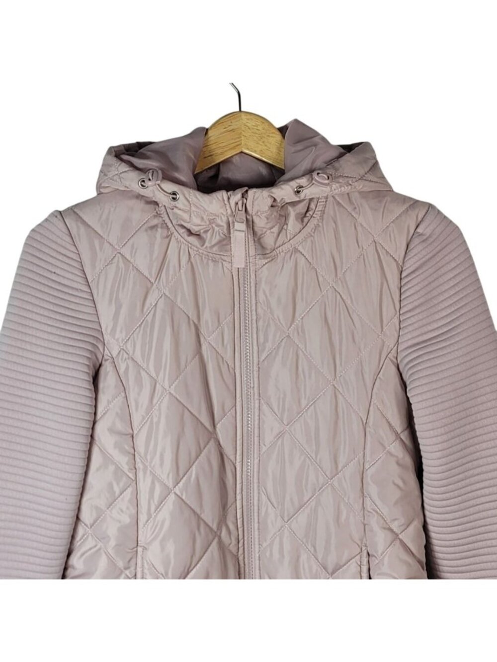 Time and Tru Women Quilted Jacket Pink Small Long Sleeve Hood Pockets Ribbed Zip - Picture 2 of 11